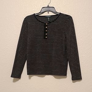 Lauren Ralph Lauren, Black/Gold Stripe Henley Long Sleeve Top, Size Petite Large